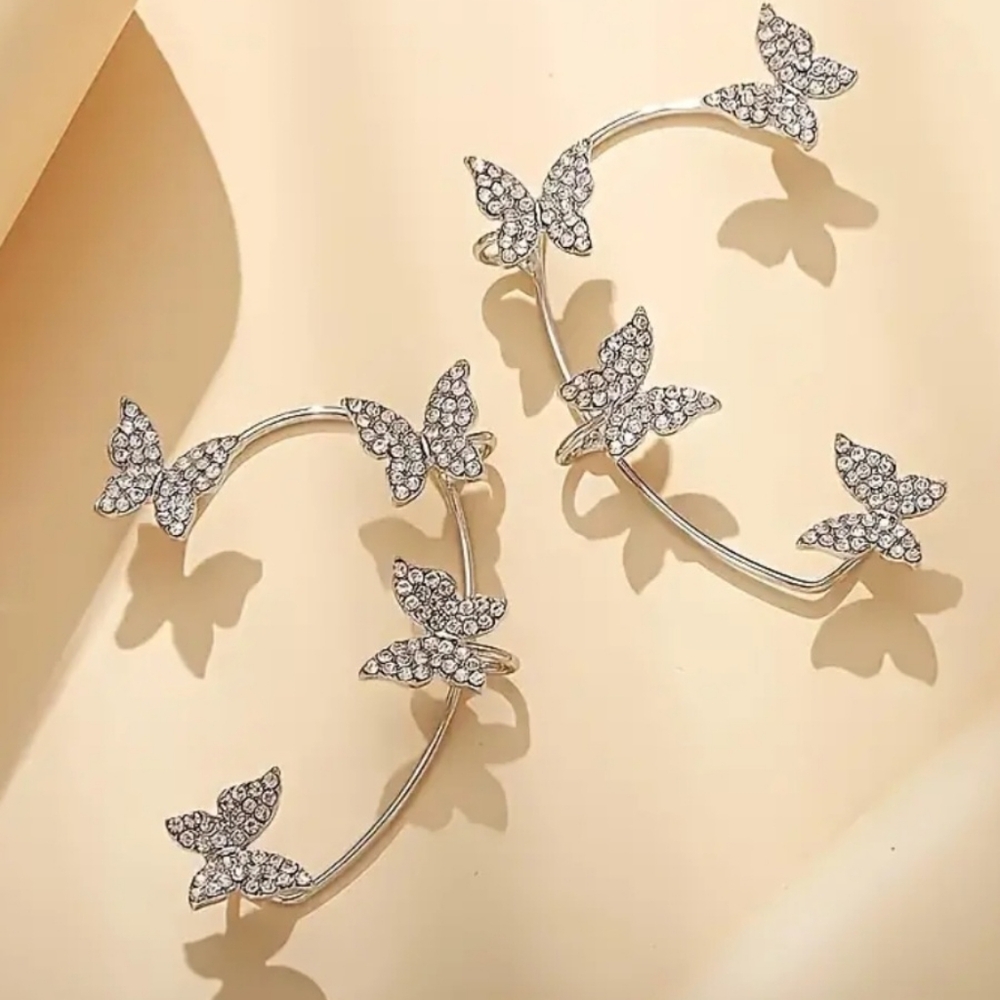 NEW Silver-toned Butterfly Rhinestone Cuff Earring Set